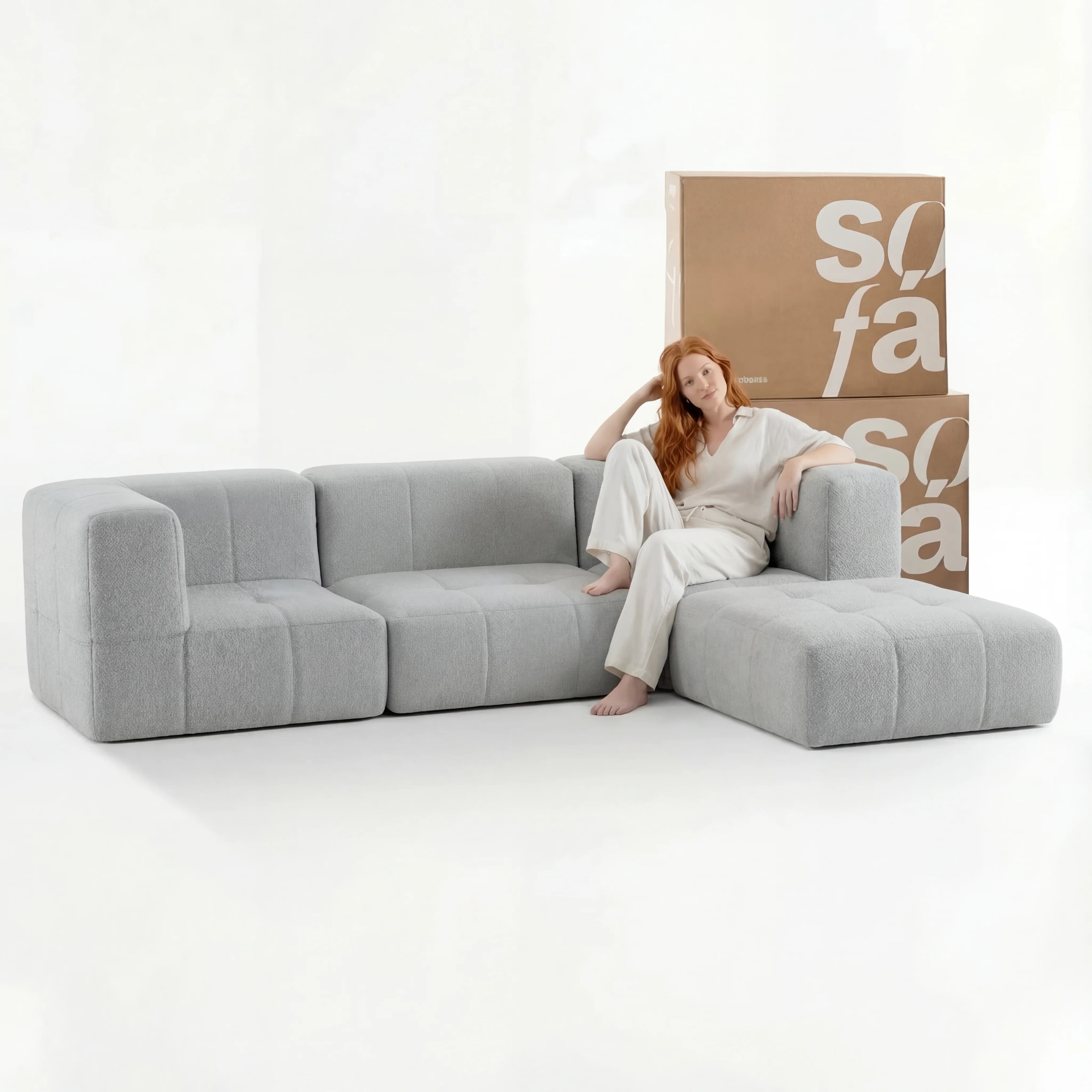 Sofá na Caixa modular 3 lugares em Boucle com Apoio de pé - Cinza